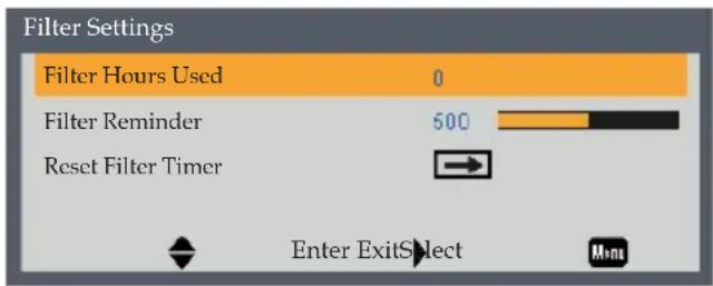 Filter Settings Filter Hours Used 0 Filter Reminder 500 Reset Filter Timer Enter ExitSelect Mini