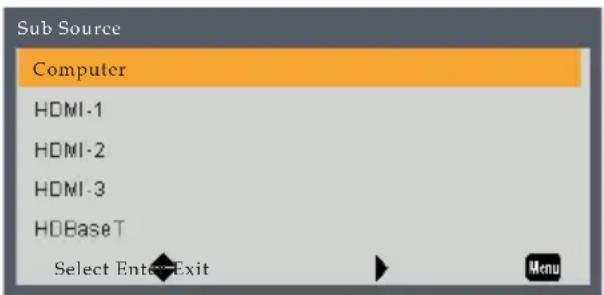 Sub Source Computer HDMI-1 HDMI-2 HDMI-3 HDBaseT Select Enter Exit Menu
