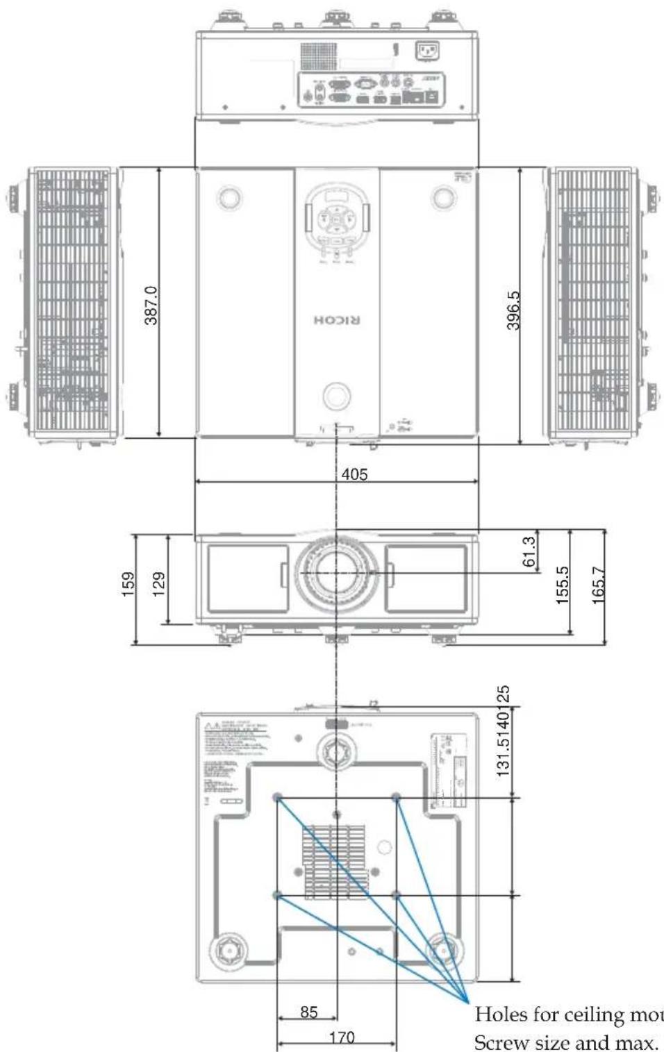 RICHON 387.0 405 159 129 61.3 155.5 165.7 131.5140 25 85 170 Holes for ceiling mouse Screw size and max.