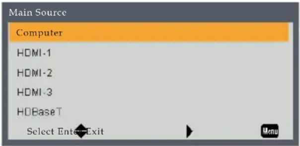 Main Source Computer HDMI-1 HDMI-2 HDMI-3 HDBaseT Select Enter Exit Menu