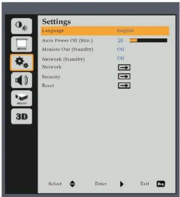 Settings Language English Auto Power Off (Min.) 20 Monitor Out (Standby) Off Network (Standby) Off Network Security Reset Select Enter Exit View