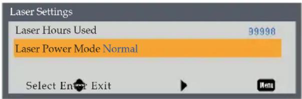 Laser Settings Laser Hours Used 99998 Laser Power Mode Normal Select Enter Exit
