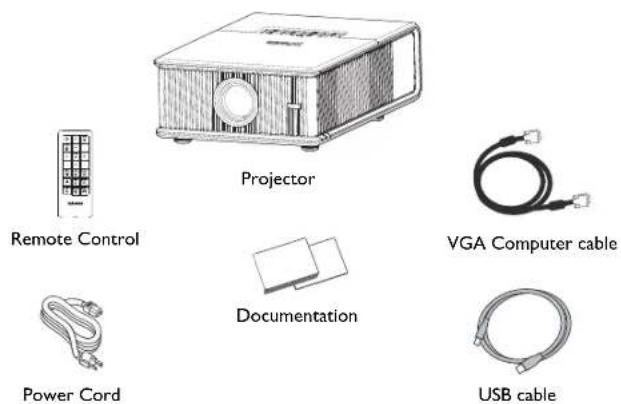 Projector Remote Control VGA Computer cable Documentation Power Cord USB cable
