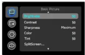 Basic Picture Brightness 50 Contrast 50 Sharpness Maximum Color 50 Tint 50 SplitScreen...