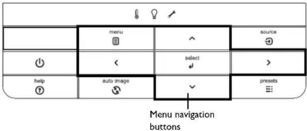 menu source < select > help auto image presets Menu navigation buttons