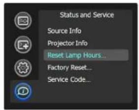 Status and Service Source Info Projector Info Reset Lamp Hours... Factory Reset... Service Code...