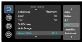 Basic Picture Sharpness Maximum Auto Color 50 Native Tint 50 4:3 SplitScreen... 16.9 Auto Image LetterBox Aspect Ratio 16.9 Panorama