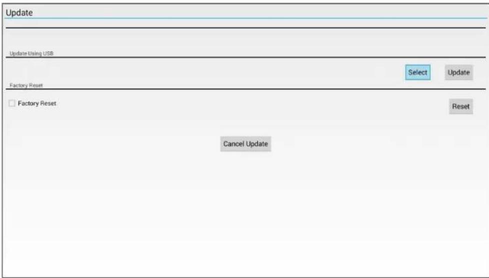 Update Update Using USB Factory Reset □ Factory Reset Select Update Reset Cancel Update