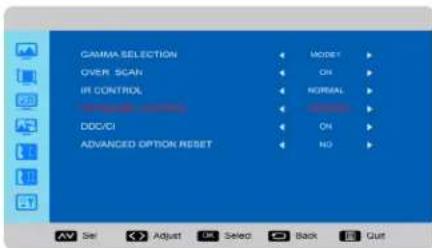 GAMMA SELECTION OVER SCAN IR CONTROL INFOLOGIC DOC/CI ADVANCED OPTION RESET MODE1 ON NORMAL ON NO AV Set Adjust OK Select Back Quit