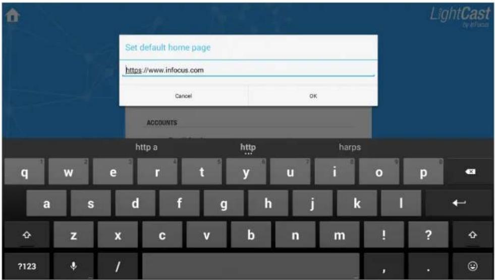 Set default home page https://www.infocus.com Cancel OK ACCOUNTS http a htp harps q w e r t y u>i pivot a s d f g h-j-k-l z x c v b n m ! ? ?123 ✓ / , . 😊