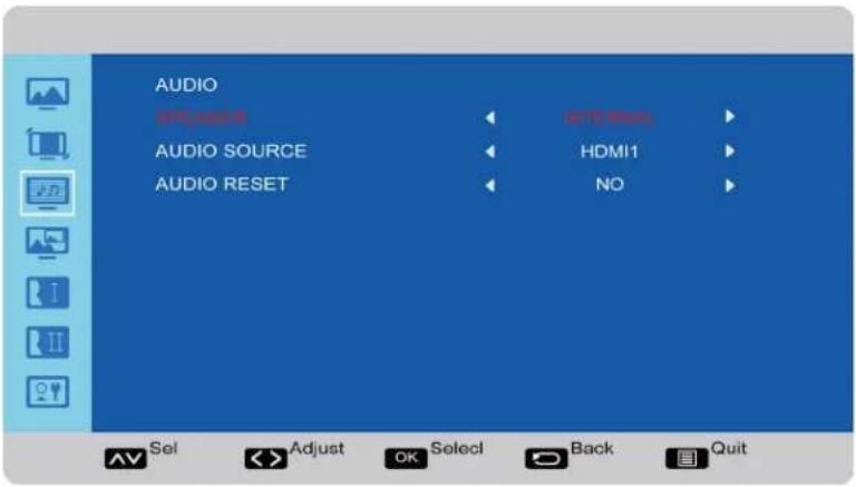 AUDIO BPS audio AUDIO SOURCE AUDIO RESET BTS Audio HDMI1 NO Sel Adjust OK Select Back Quit