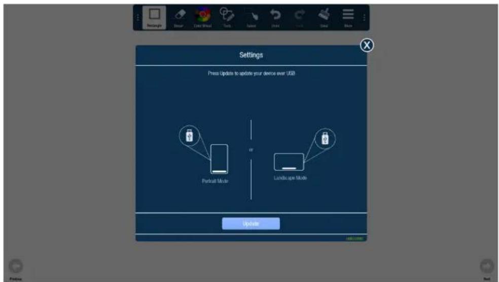 Settings Press Update to update your device over USB Postural Mode Landscape Mode Update