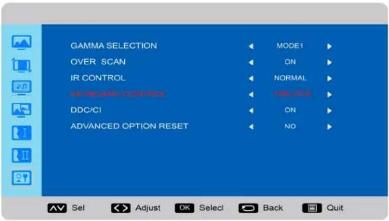 GAMMA SELECTION OVER SCAN IR CONTROL NANDARD CONTROL DDC/CI ADVANCED OPTION RESET MODE1 ON NORMAL USB OFF ON NO AV Sel < > Adjust OK Select Back Quit