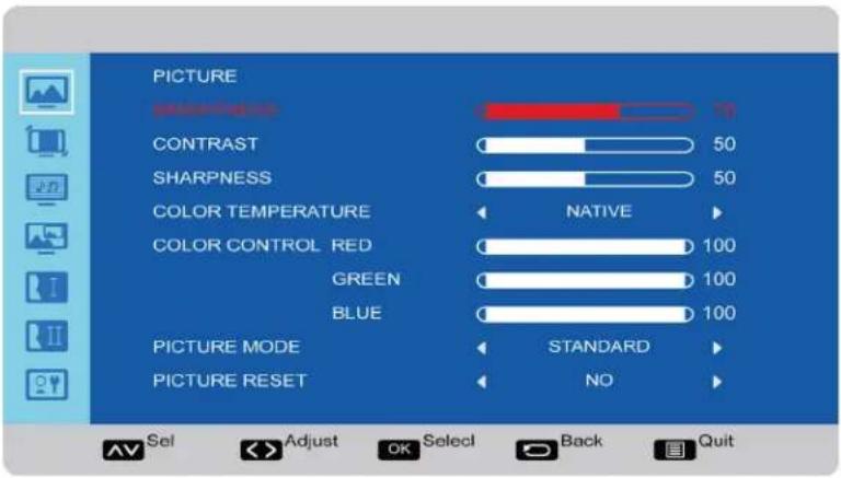 PICTURE CONTRAST 50 SHARPNESS 50 COLOR TEMPERATURE NATIVE COLOR CONTROL RED 100 GREEN 100 BLUE 100 PICTURE MODE STANDARD PICTURE RESET NO Sel Adjust OK Select Back Quit