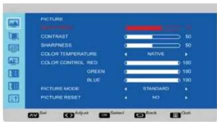 PICTURE Contrast 50 SHARPNESS 50 COLOR TEMPERATURE NATIVE COLOR CONTROL RED 100 GREEN 100 BLUE 100 PICTURE MODE STANDARD PICTURE RESET NO