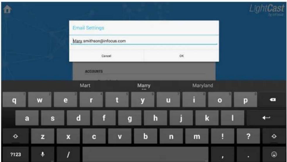 Email Settings Mary.smithson@infocus.com Cancel OK ACCOUNTS Mart Marry Maryland q w e r t y u>i pivot a s d f g h j k l z x c v b n m ! ? ?123 / ,