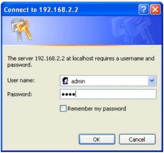 Connect to 192.168.2.2 The server 192.168.2.2 at localhost requires a username and password. User name: admin Password: •••••| Remember my password OK Cancel