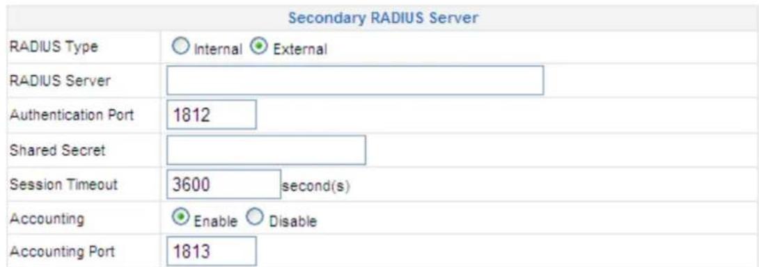 Secondary RADIUS Server RADIUS Type Internal External RADIUS Server Authentication Port 1812 Shared Secret Session Timeout 3600 second(s) Accounting Enable Disable Accounting Port 1813