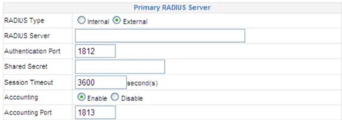 Primary RADIUS Server RADIUS Type Internal External RADIUS Server Authentication Port 1812 Shared Secret Session Timeout 3600 second(s) Accounting Enable Disable Accounting Port 1813