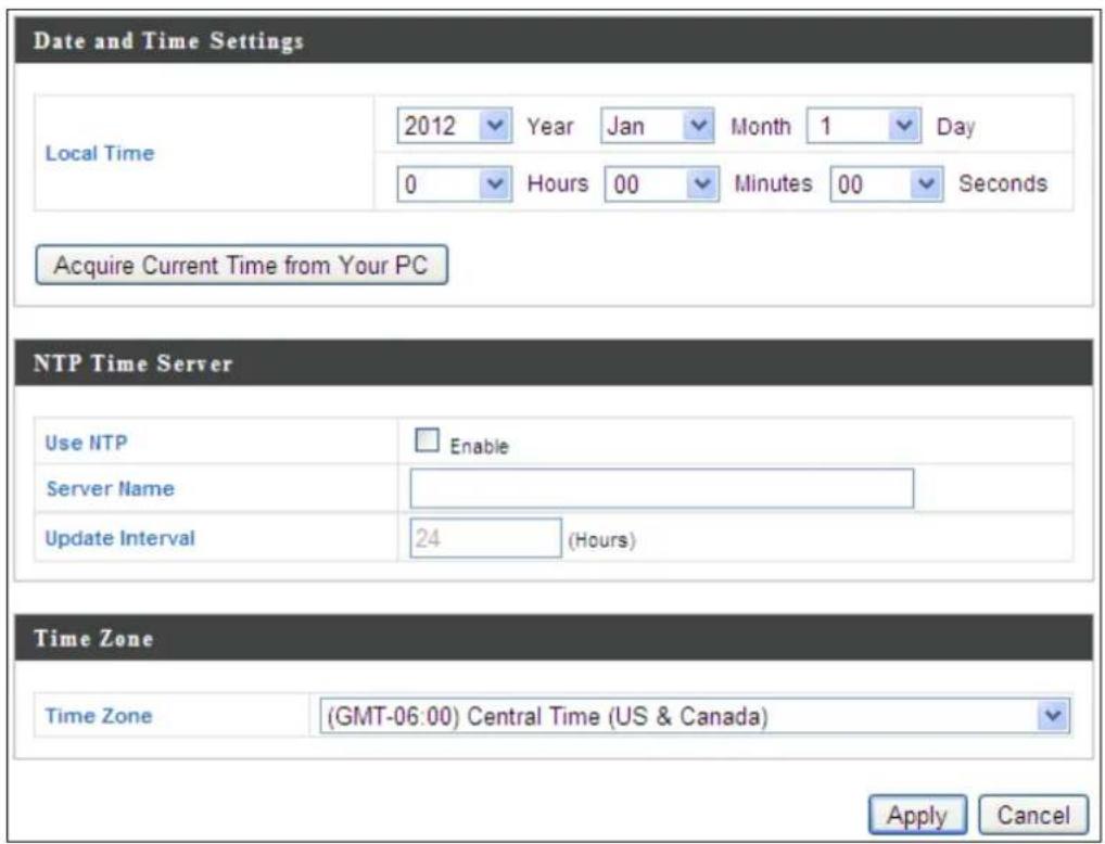 Date and Time Settings Local Time 2012 Year Jan Month 1 Day 0 Hours 00 Minutes 00 Seconds Acquire Current Time from Your PC NTP Time Server Use NTP Enable Server Name Update Interval 24 (Hours) Time Zone Time Zone (GMT-06:00) Central Time (US & Canada) Apply Cancel
