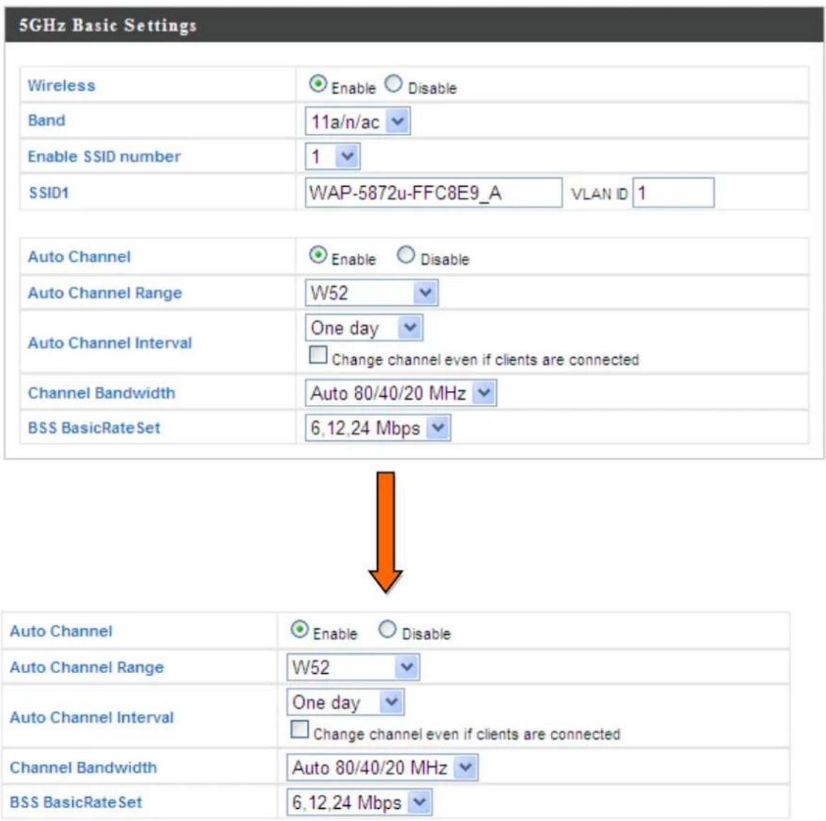 5GHz Basic Settings Wireless Enable Disable Band 11a/n/ac Enable SSID number 1 SSID1 WAP-5872u-FFC8E9_A VLAN ID 1 Auto Channel Enable Disable Auto Channel Range W52 Auto Channel Interval One day Change channel even if clients are connected Channel Bandwidth Auto 80/40/20 MHz BSS BasicRateSet 6.12.24 Mbps Auto Channel Enable Disable Auto Channel Range W52 Auto Channel Interval One day Change channel even if clients are connected Channel Bandwidth Auto 80/40/20 MHz BSS BasicRateSet 6.12.24 Mbps