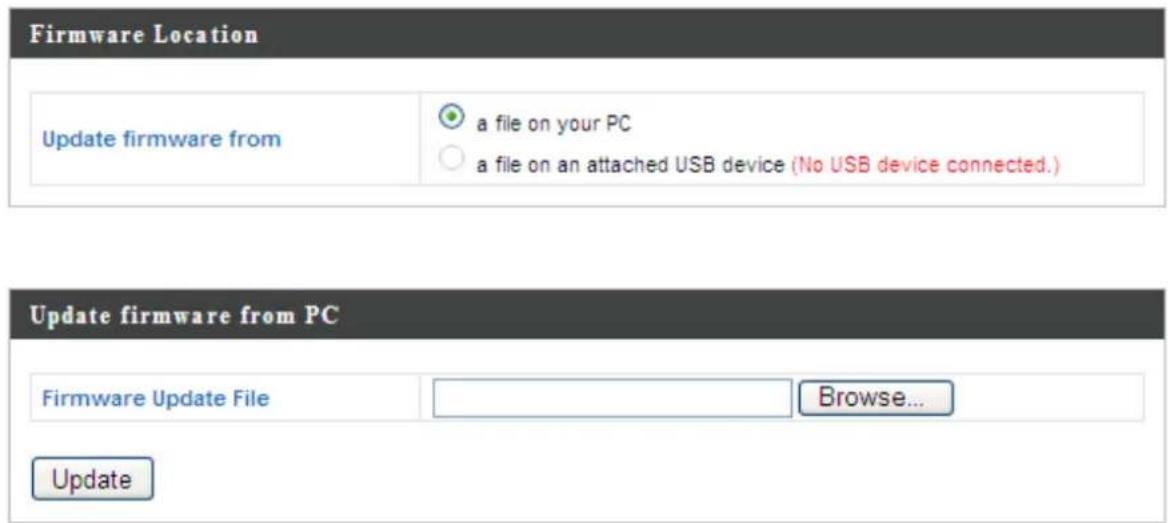 Firmware Location Update firmware from a file on your PC a file on an attached USB device (No USB device connected.) Update firmware from PC Firmware Update File Browse... Update