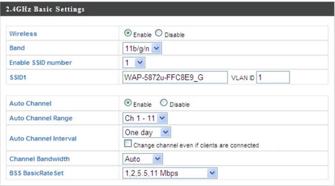 2.4GHz Basic Settings Wireless Enable Disable Band 11b/g/n Enable SSID number 1 SSID1 WAP-5872u-FFC8E9_G VLAN ID 1 Auto Channel Enable Disable Auto Channel Range Ch 1 - 11 Auto Channel Interval One day Change channel even if clients are connected Channel Bandwidth Auto BSS BasicRateSet 1,2,5,5,11 Mbps