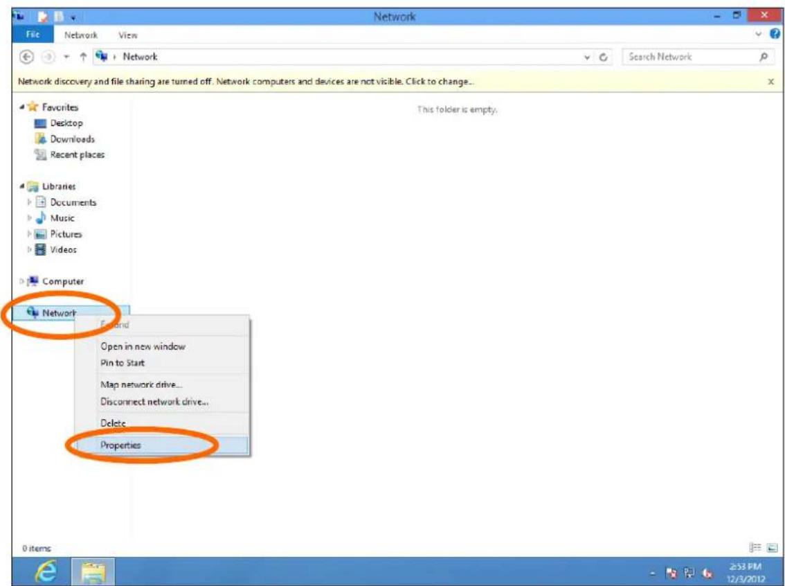 Network File Network View Network Search Network Network discovery and file sharing are turned off. Network computers and devices are not visible. Click to change... Favorites Desktop Downloads Recent places Libraries Documents Music Pictures Videos Computer Network This folder is empty. Open in new window Pin to Start Map network drive... Disconnect network drive... Delete Properties 0 items 253 PM 12/3/2012