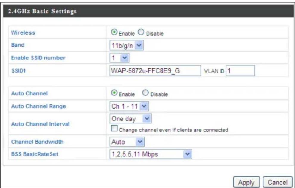 2.4GHz Basic Settings Wireless Enable Disable Band 11b/g/n Enable SSID number 1 SSID1 WAP-5872u-FFC8E9_G VLAN ID 1 Auto Channel Enable Disable Auto Channel Range Ch 1 - 11 Auto Channel Interval One day Change channel even if clients are connected Channel Bandwidth Auto BSS BasicRateSet 1,2,5,5,11 Mbps Apply Cancel