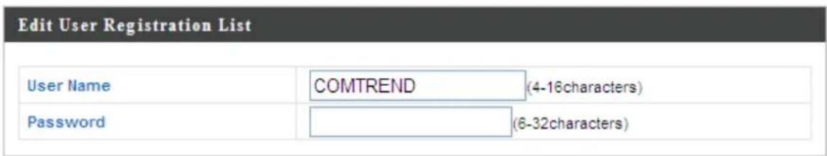 Edit User Registration List User Name COMTREND (4-16characters) Password (6-32characters)