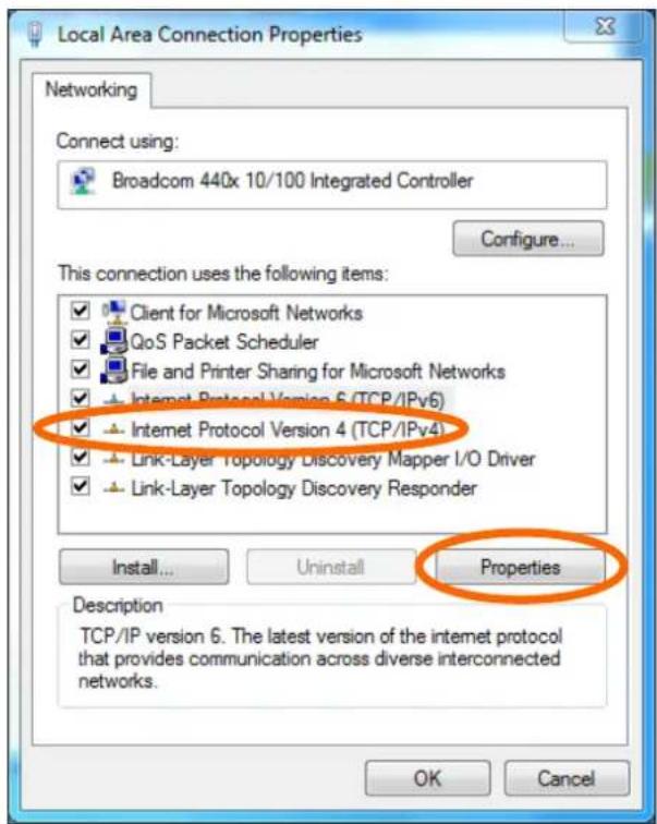 Local Area Connection Properties Networking Connect using: Broadcom 440x 10/100 Integrated Controller Configure... This connection uses the following items: ✓ Client for Microsoft Networks ✓ QoS Packet Scheduler ✓ File and Printer Sharing for Microsoft Networks ✓ Internet Protocol Version 6 (TCP/IPv6) ✓ - Internet Protocol Version 4 (TCP/IPv4) ✓ Link-Layer Topology Discovery Mapper I/O Driver ✓ Link-Layer Topology Discovery Responder Install... Uninstall Properties Description TCP/IP version 6. The latest version of the internet protocol that provides communication across diverse interconnected networks. OK Cancel