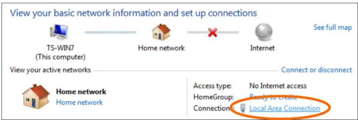 View your basic network information and set up connections TS-WIN7 (This computer) Home network Internet See full map View your active networks Connect or disconnect Home network Home network Access type: No Internet access HomeGroup: Ready to Create Connection: Local Area Connection