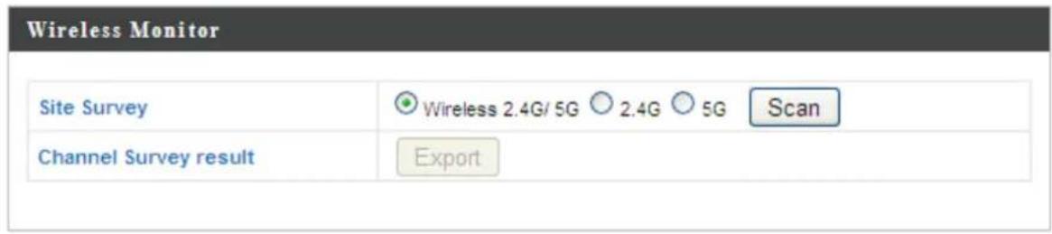 Wireless Monitor Site Survey Wireless 2.4G/ 5G 2.4G 5G Scan Channel Survey result Export