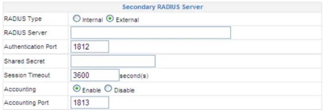 Secondary RADIUS Server RADIUS Type Internal External RADIUS Server Authentication Port 1812 Shared Secret Session Timeout 3600 second(s) Accounting Enable Disable Accounting Port 1813