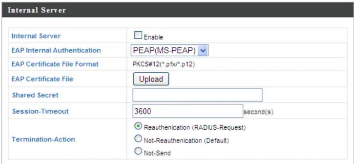 Internal Server Internal Server Enable EAP Internal Authentication PEAP(MS-PEAP) EAP Certificate File Format PKCS#12(*.pfx/*.p12) EAP Certificate File Upload Shared Secret Session-Timeout 3600 second(s) Termination-Action Reauthentication (RADIUS-Request) Not-Reauthentication (Default) Not-Send
