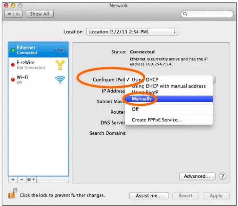 Network Show All Location: Location (5/2/13 2:54 PM) Ethernet Connected FireWire Not Connected Wi-Fi Off Status: Connected Ethernet is currently active and has the IP address 169.254.75.4. Configure IPv4 ✓ Using DHCP IP Address ✓ Using DHCP with manual address Subnet Mask ✓ Manually Router ✓ Off DNS Server ✓ Create PPPoE Service... Search Domains: Advanced... Click the lock to prevent further changes. Assist me... Revert Apply
