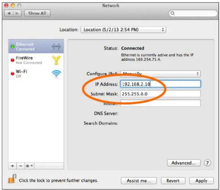Network Show All Location: Location (5/2/13 2:54 PM) Ethernet Connected FireWire Not Connected Wi-Fi Off Status: Connected Ethernet is currently active and has the IP address 169.254.75.4. Configure IPvA: Manually IP Address: 192.168.2.10 Subnet Mask: 255.255.0.0 Router: DNS Server: Search Domains: Advanced... Click the lock to prevent further changes. Assist me... Revert Apply