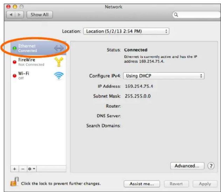 Network Show All Location: Location (5/2/13 2:54 PM) Ethernet Connected FireWire Not Connected Wi-Fi Off Status: Connected Ethernet is currently active and has the IP address 169.254.75.4. Configure IPv4: Using DHCP IP Address: 169.254.75.4 Subnet Mask: 255.255.0.0 Router: DNS Server: Search Domains: Advanced... Click the lock to prevent further changes. Assist me... Revert Apply