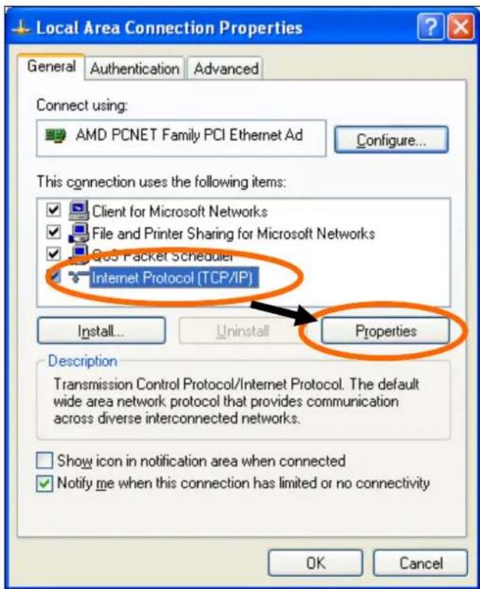 Local Area Connection Properties General Authentication Advanced Connect using: AMD PCNET Family PCI Ethernet Ad Configure... This connection uses the following items: Client for Microsoft Networks File and Printer Sharing for Microsoft Networks QQ3 Packet Scheduler Internet Protocol (TCP/IP) Install... Uninstall Properties Description Transmission Control Protocol/Internet Protocol. The default wide area network protocol that provides communication across diverse interconnected networks. Show icon in notification area when connected Notify me when this connection has limited or no connectivity OK Cancel