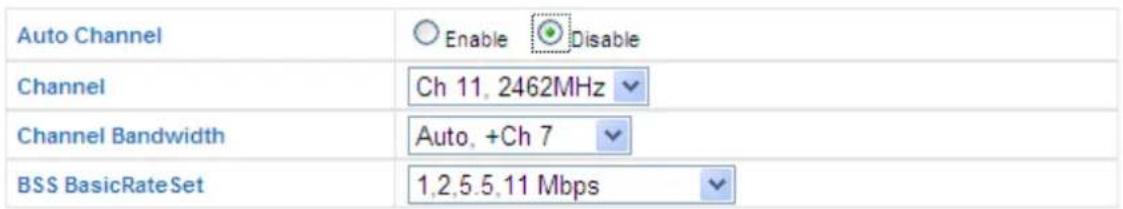 Auto Channel Enable Disable Channel Ch 11, 2462MHz Channel Bandwidth Auto, +Ch 7 BSS BasicRateSet 1,2,5,5,11 Mbps
