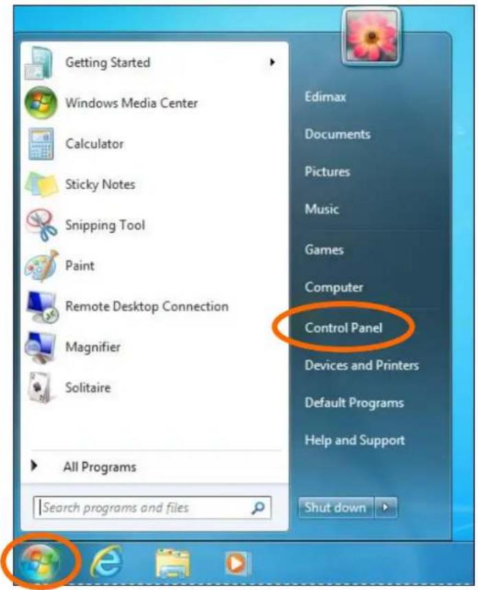Getting Started Windows Media Center Calculator Sticky Notes Snipping Tool Paint Remote Desktop Connection Magnifier Solitaire All Programs Search programs and files Edimax Documents Pictures Music Games Computer Control Panel Devices and Printers Default Programs Help and Support Shut down