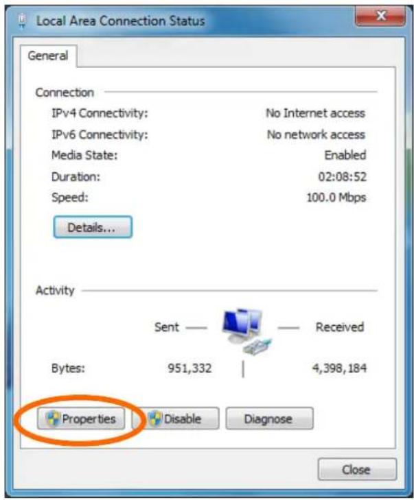 Local Area Connection Status General Connection IPv4 Connectivity: No Internet access IPv6 Connectivity: No network access Media State: Enabled Duration: 02:08:52 Speed: 100.0 Mbps Details... Activity Sent — Received Bytes: 951,332 | 4,398,184 Properties Disable Diagnose Close