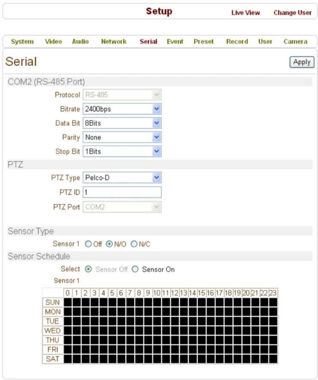 Setup Live View Change User System Video Audio Network Serial Event Preset Record User Camera Serial Apply COM2 (RS-485 Port) Protocol RS-485 Bitrate 2400bps Data Bit 8Bits Parity None Stop Bit 1Bits PTZ PTZ Type Pelco-D PTZ ID 1 PTZ Port COM2 Sensor Type Sensor 1 Off N/O N/C Sensor Schedule Select Sensor Off Sensor On Sensor 1 0 1 2 3 4 5 6 7 8 9 10 11 12 13 14 15 16 17 18 19 20 21 22 23 SUN MON TUE WED THU FRI SAT