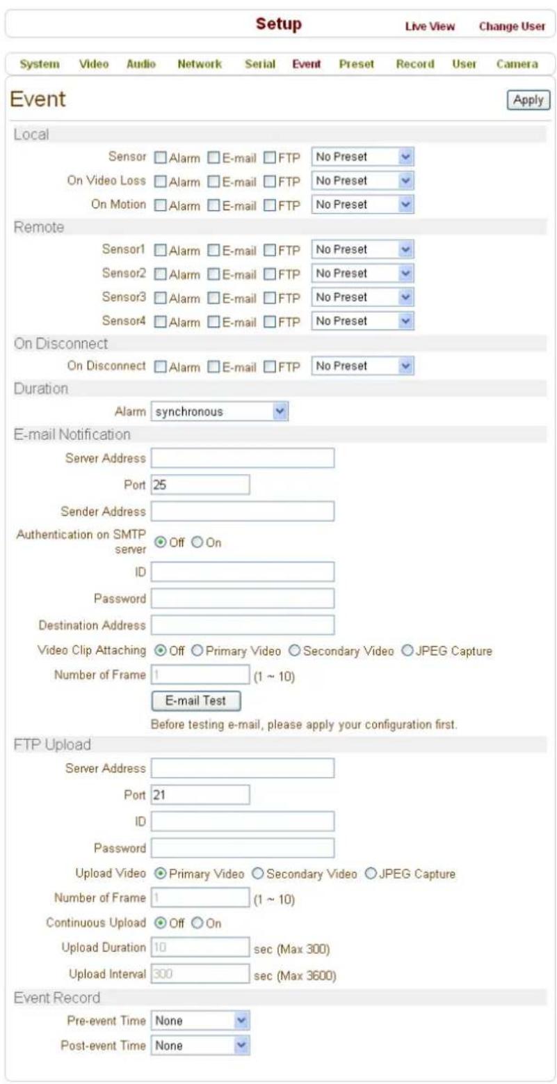 Setup Live View Change User System Video Audio Network Serial Event Preset Record User Camera Event Apply Local Sensor Alarm E-mail FTP No Preset On Video Loss Alarm E-mail FTP No Preset On Motion Alarm E-mail FTP No Preset Remote Sensor1 Alarm E-mail FTP No Preset Sensor2 Alarm E-mail FTP No Preset Sensor3 Alarm E-mail FTP No Preset Sensor4 Alarm E-mail FTP No Preset On Disconnect On Disconnect Alarm E-mail FTP No Preset Duration Alarm synchronous E-mail Notification Server Address Port 25 Sender Address Authentication on SMTP server Off On ID Password Destination Address Video Clip Attaching Off Primary Video Secondary Video JPEG Capture Number of Frame 1 (1 ~ 10) E-mail Test Before testing e-mail, please apply your configuration first. FTP Upload Server Address Port 21 ID Password Upload Video Primary Video Secondary Video JPEG Capture Number of Frame 1 (1 ~ 10) Continuous Upload Off On Upload Duration 10 sec (Max 300) Upload Interval 300 sec (Max 3600) Event Record Pre-event Time None Post-event Time None