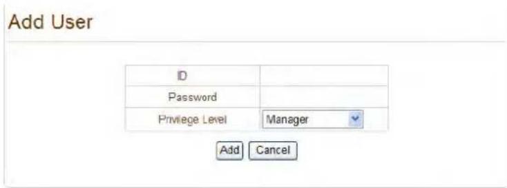 Add User ID Password Privilege Level Manager Add Cancel