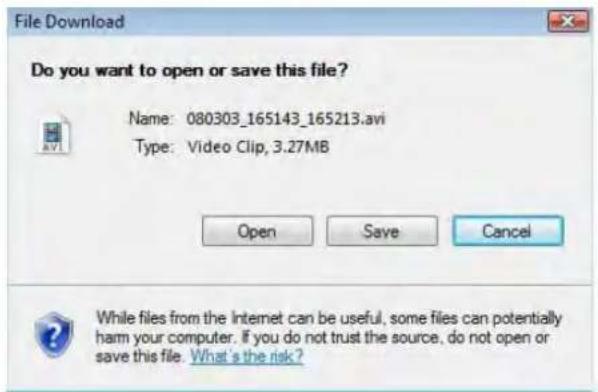File Download Do you want to open or save this file? Name: 080303_165143_165213.avi Type: Video Clip, 3.27MB Open Save Cancel While files from the Internet can be useful, some files can potentially harm your computer. If you do not trust the source, do not open or save this file. What is the risk?