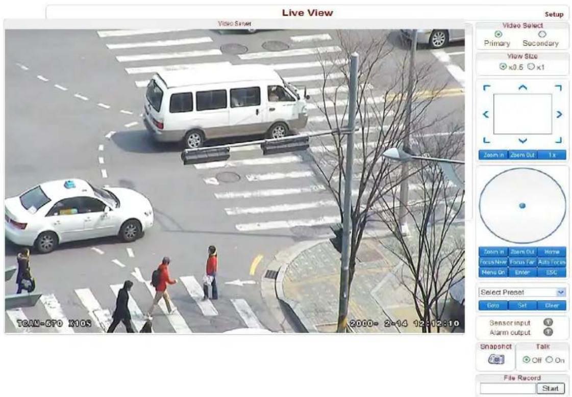 Live View Video Select Primary Secondary View Size x0.5 x1 Zoom in Zoom Out 1x Zoom in Zoom Out Home Focus New Focus Far Auto Focus Menu On Enter ESC Select Preset Grip Set Clear Sensor input Alarm output Snapshot Talk Off On File Record Start TCAN-570 X10S 2000- 2-14 12:12:10