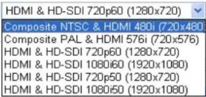 HDMI & HD-SDI 720p60 (1280x720) Composite NTSC & HDMI 480i (720x480) Composite PAL & HDMI 576i (720x576) HDMI & HD-SDI 720p60 (1280x720) HDMI & HD-SDI 1080i60 (1920x1080) HDMI & HD-SDI 720p50 (1280x720) HDMI & HD-SDI 1080i50 (1920x1080)