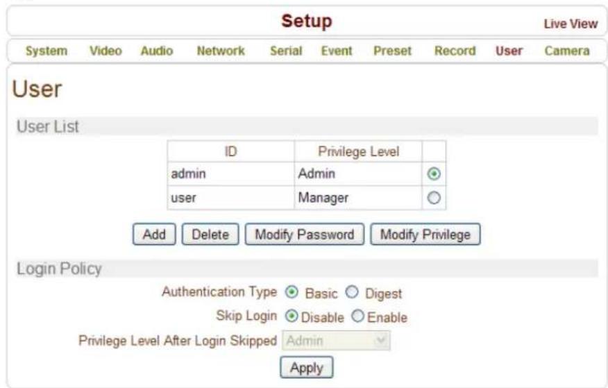 Setup Live View System Video Audio Network Serial Event Preset Record User Camera User User List ID Privilege Level admin Admin user Manager Add Delete Modify Password Modify Privilege Login Policy Authentication Type Basic Digest Skip Login Disable Enable Privilege Level After Login Skipped Admin Apply