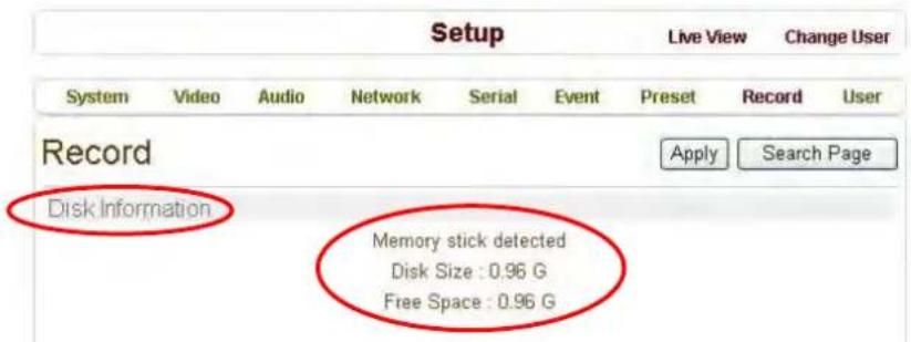 Setup Live View Change User System Video Audio Network Serial Event Preset Record User Record Apply Search Page Disk Information Memory stick detected Disk Size : 0.96 G Free Space : 0.96 G